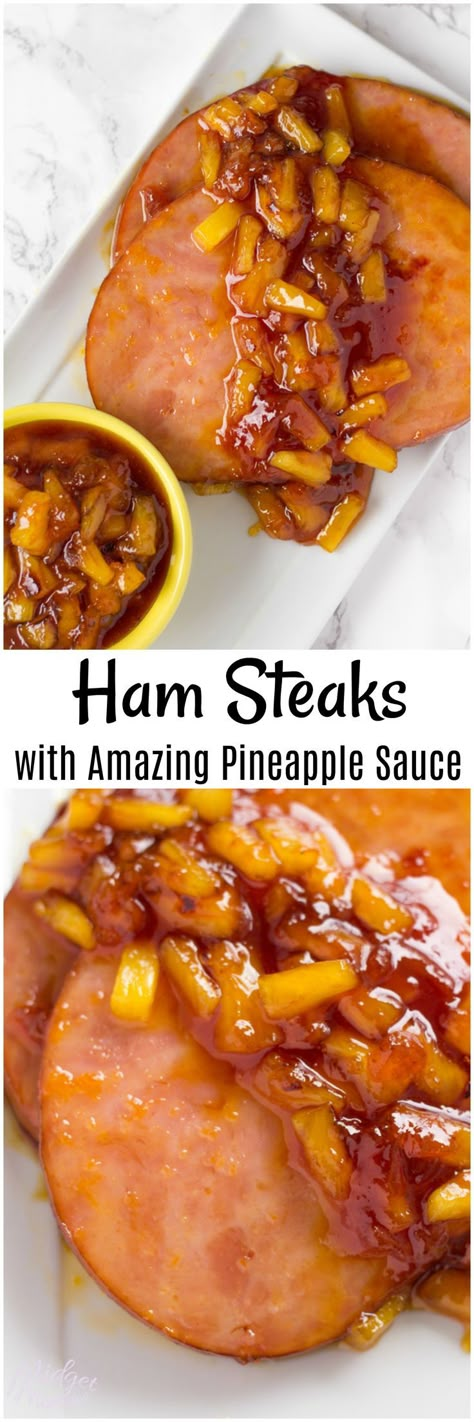 Ham Steaks Recipe. This Ham Steaks Recipe is easy to make and has the most amazing pineapple sauce ever! Serve with veggies and rice for a quick dinner Ham Steaks With Pineapple, Ham Steak Recipes, Ham Sauce, Ham Pineapple, Ham Dishes, Ham Steak, Pineapple Ham, Pineapple Sauce, Ham Dinner