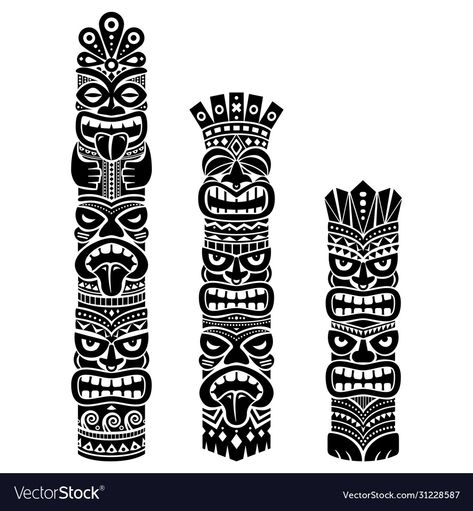 Tiki Illustration, Totem Pole Drawing, Totem Pole Tattoo, Tiki Pole, Totem Tiki, Maori Warrior, Totem Pole Art, Black Line Tattoo, Tiki Tattoo