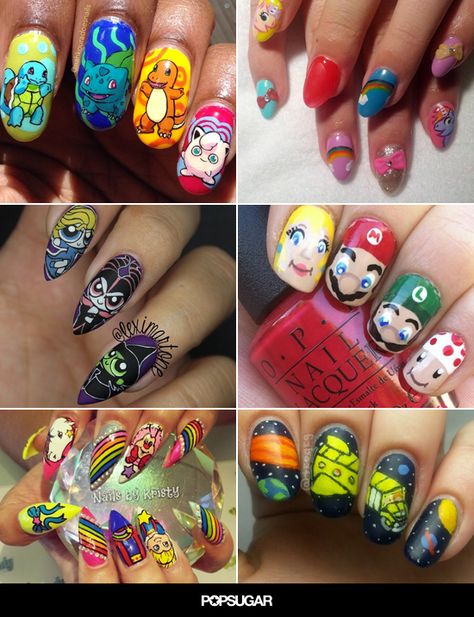 These fun and funky designs will make you want to wear a popcorn sweater and break out your favorite VHS. 90s Acrylic Nails Art Designs, 90s Cartoon Nails, Polymer Nails, Cartoon Nails Acrylic, 90s Cartoon Nails Acrylic, Game Nails, Cartoon Nail Designs, 90s Nails, Coffin Acrylic Nails