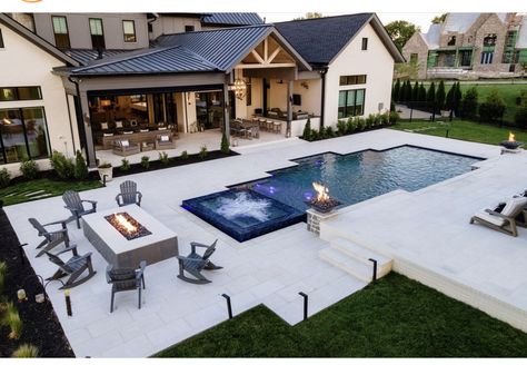 Pool Lagoon Style, Outdoor Pool Ideas Amazing Backyards, Fireplace Pool Backyard, Farmhouse With Pool Backyards, Barndominium With Pool Ideas, Pool And Fireplace Backyard, Pool Styling Outdoor Living, Outdoor Pool Room, Simple In Ground Pool Ideas