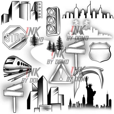 Livin’ V2 🏢🚦 available on the website now! www.inkbydomo.com 🤝🏽 Street Sign Tattoo Stencil, Street Sign Tattoo Design, Graffiti Dollar Sign, City Tattoo Ideas, Hometown Tattoo, Aztec Drawings, Tattoo Art Drawings Sketches, Half Sleeve Tattoo Stencils, Aztec Drawing