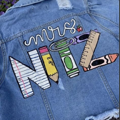 Silly Outfit Day At School For Teachers, Teacher Blue Jean Jacket, Hand Painted Teacher Shoes, Teacher Denim Jacket Painted, Teacher Painted Jean Jacket, Painted Teacher Jacket, Teacher Jacket Ideas, Teacher Denim Jacket, Teacher Accessories Classroom