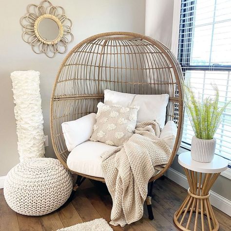 Wicker Egg Chair, Oversized Indoor Outdoor Lounger for Patio, Backyard, Living Room w/ 4 Cushions, Steel Frame, 440lb Capacity - Ivory Egg Wicker Chair, Egg Chairs In Living Room, Living Room Wicker Chair, Indoor Wicker Chair, Egg Chair Ideas, Egg Chair Decoration Ideas, Egg Chair Bedroom, Egg Chair Living Room, Cozy Chairs