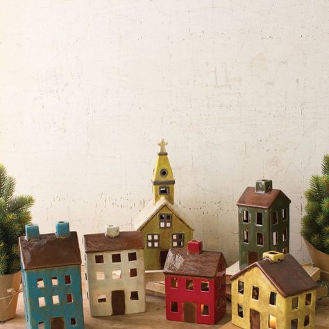 Ceramic Christmas Village Set Ceramic Village, Teal House, Christmas Village Sets, Pottery Houses, Clay Houses, Wooden Houses, Holiday Village, Colorful Ceramics, Small Houses