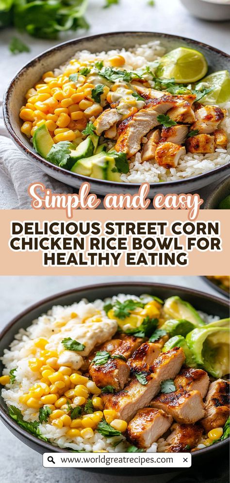 Looking for a quick yet satisfying meal? This Easy Street Corn Chicken Rice Bowl is your answer! Combining grilled chicken, charred sweet corn, and fluffy rice, this recipe is packed with flavor and nutrients. Perfect for busy weeknights, it comes together in no time and can be customized with your favorite toppings. Whether you prefer spicy jalapeños or fresh cilantro, this bowl is a canvas for your culinary creativity. Street Corn Rice Chicken Bowl, Mexican Street Corn Bowl Recipe, Corn Chicken Rice Bowl, Chicken Rice Meal Prep Lunch Ideas, Street Corn Rice Bowl, Sweet Corn Chicken Rice Bowl, Street Corn Chicken Rice Bowl, Chicken Corn Rice, Easy Rice Bowl Recipes