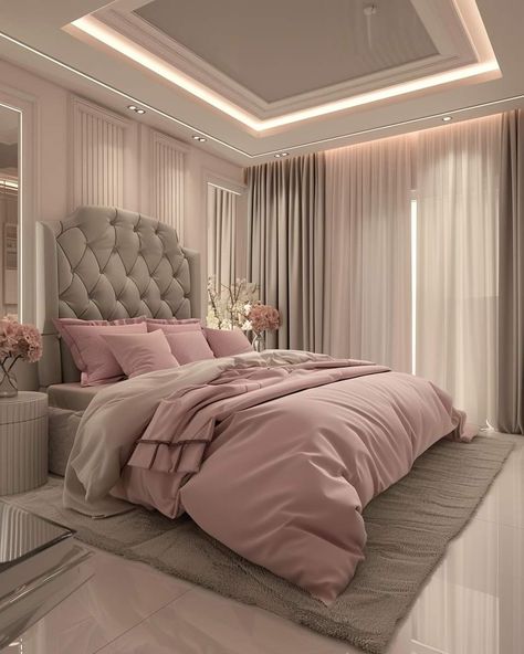 Rich Girl Bedroom Aesthetic, Luxury Bedroom Pink, Pink Luxury Bedroom, Light Pink Room Ideas, Bedroom Luxury Elegant Modern, Rich Girl Room, Gebsen Board Design, Luxury Pink Bedroom, Fancy Beds