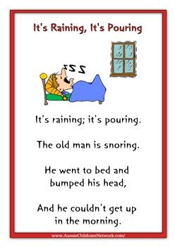 Nursery Rhymes Printables, Aussie Childcare Network, Its Raining Its Pouring, Nursery Rhymes Poems, Nursery Rhymes Lyrics, Nursery Rhymes Preschool, Nursery Rhymes Activities, Its Raining, Childrens Poems