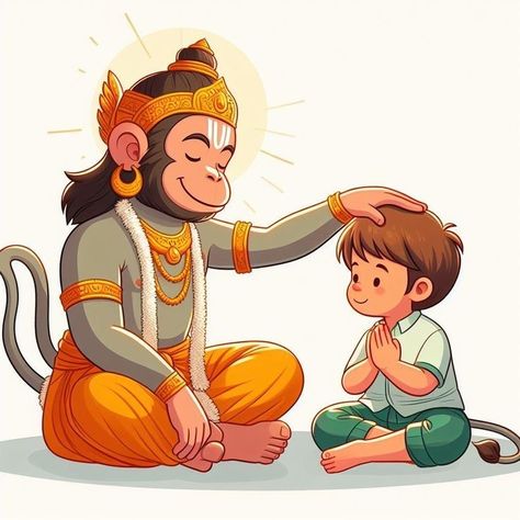 Anime Hanuman Ji, Hanuman Ji With Bhakt, Hanuman With Boy, Hanuman Ji Cute Pics, Cute Hanuman Ji Wallpapers, Hanuman Ji Illustration, Hanuman Ji Pic, Hanuman Dp, Cute Hanuman Ji