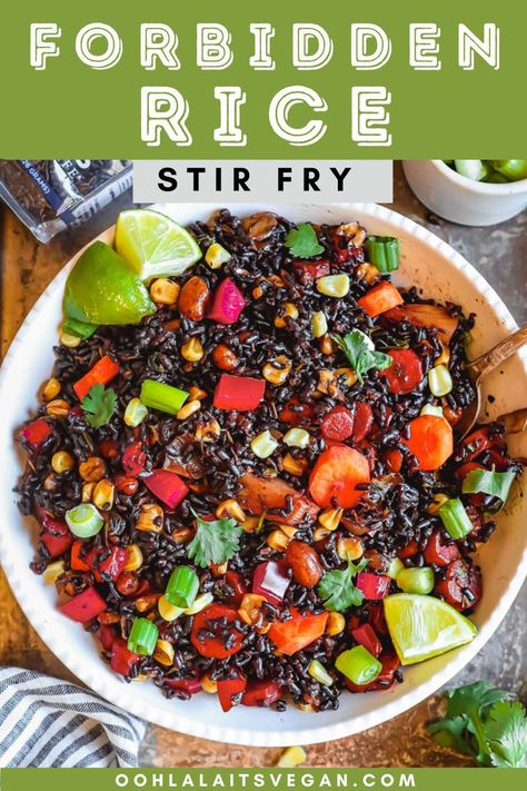 a bowl of forbidden rice on a table Fried Rice No Veggies, Forbidden Rice Recipes, Vegetable Fried Rice Recipe Chinese Food, Vegan Forbidden Rice Recipes, Extra Vegetable Fried Rice, Vegetarian Fried Rice With Tofu, Black Rice Recipe, Rice Stir Fry, Vegetable Egg Rolls