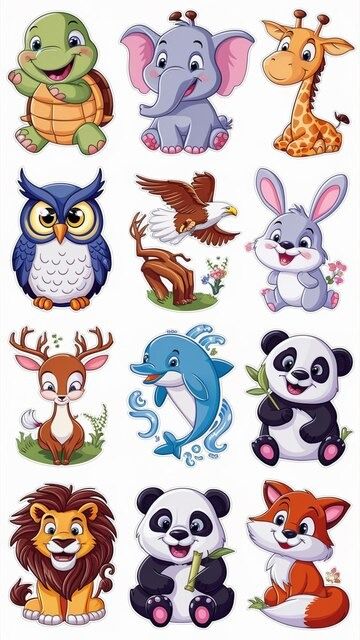 Premium Vector | A collection of cartoon animals including owl and birds Cute Stickers Animals, Animals Printables For Kids, Kids Stickers Printable, Rhyming Poems For Kids, Birds Stickers, Baby Elephant Drawing, Birds Printable, Animal Pictures For Kids, Baby Boy Cake Topper