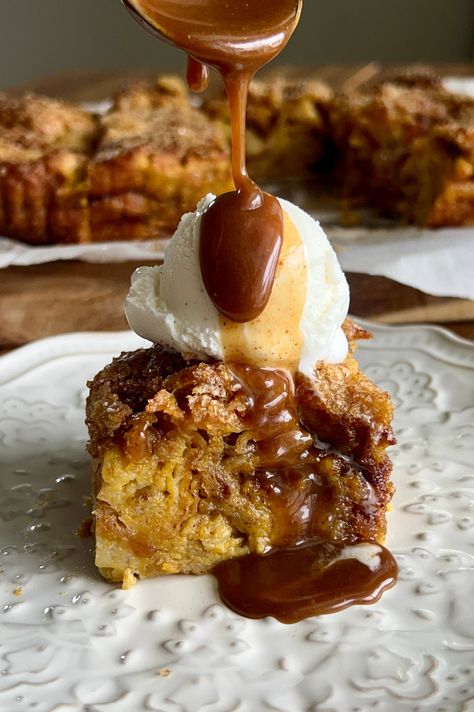 Pumpkin Churro Croissant Bread Pudding — Well Made by Kiley Well Made By Kylie Recipes, Churro Croissant, Custard Baked, Traditional Bread Pudding, Bread Pudding Dessert, Croissant Bread Pudding, Autumn Desserts, Homemade Salted Caramel, Hot Desserts