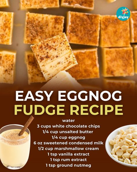 This eggnog fudge is a twist to your favorite holiday drink! It's so rich and creamy, with the perfect hint of spiciness. Eggnog Fudge Recipe, Eggnog Fudge, Easy Eggnog, Rum Extract, How To Make Eggs, Marshmallow Cream, Holiday Drink, Egg Nog, Fudge Recipe