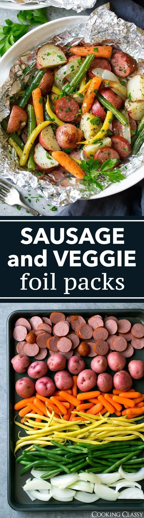 Easy Garlic Herb Sausage and Veggie Foil Packs - Looking for an easy dinner? Look no further because these Garlic Herb Sausage and Veggie Foil Packs have got your busy weeknights covered! They're packed with veggies and smoked sausage coins and they're deliciously flavorful. #easydinner #easyrecipe #foilpacks #sausage #vegetable #dinner Foil Meals, Crockpot Sausage, Foil Wraps, Smoked Sausages, Ham Dishes, Veggie Diet, Simple Dinners, Foil Pack Meals, Foil Dinners