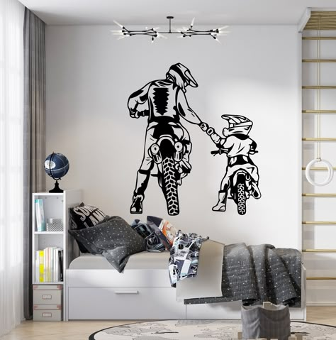 Racing Room, Motorcycle Room, Boys Wall Art, Motorbike Bedroom Ideas, Motorbike Bedroom, Motorbike Theme Bedroom, Dirt Bike Room For Boys, Dirtbike Bedroom Ideas, Dirtbike Bedroom Ideas Boy Rooms