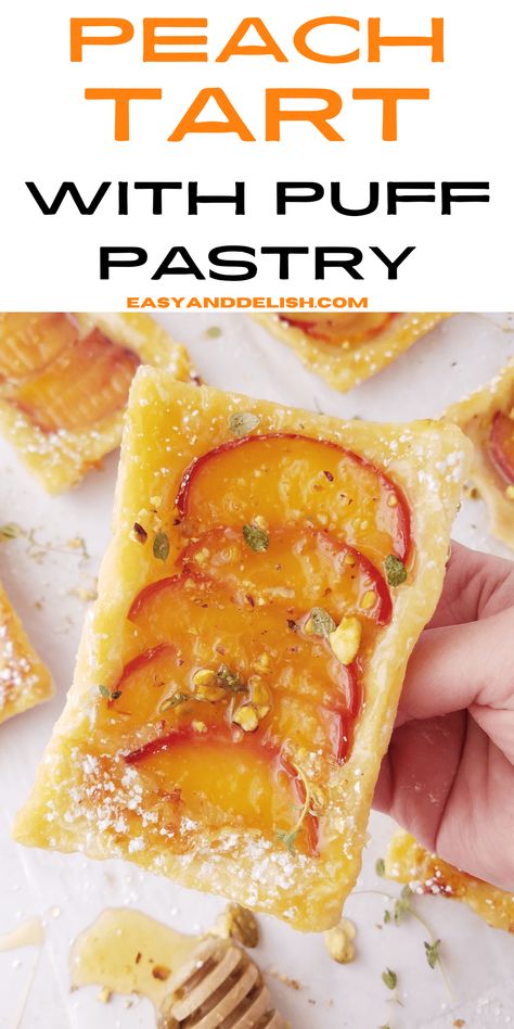 This peach puff pastry tart recipe has caramelized peaches, a fluffy puff pastry base, and a touch of honey baked upside down. It is simple and decadent, and you can serve it warm with a scoop of ice cream for the perfect summer dessert. Tart With Puff Pastry, Peach Tart Recipes, Peach Puff Pastry, Easy Puff Pastry Recipe, Caramelized Peaches, Puff Pastry Cream Puffs, Fluffy Puff, Peach Tart, Honey Baked