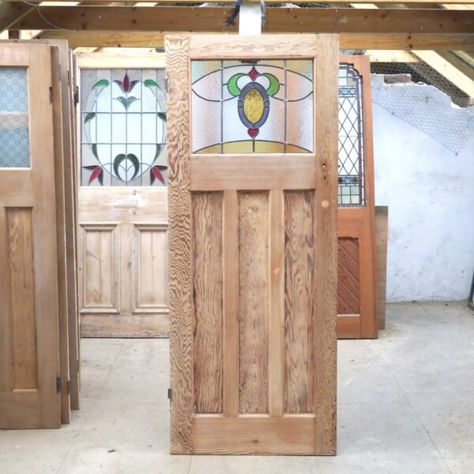 Stained Glass Internal Door, 1930s Doors Internal, Stained Glass Barn Door, Stained Glass Doors Interior, 1930s Internal Doors, Door Panel Ideas, Hallway Stairs And Landing, Sliding Doors Internal, Paint Stripping