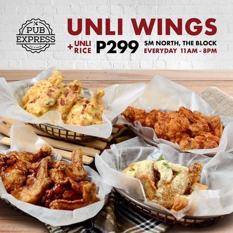 Have a barrel of fun from Pub Express UNLI WINGS at SM North The Block! Available daily from 11:00 AM until 8:00 AM. Wings Menu Ideas, Chicken Wings Creative Ads, Chicken Wings Shop Interior Design, Unli Wings, Restaurant Style Wings, Chicken Wings Advertising, Sm North, Wings Menu, Wings Restaurant