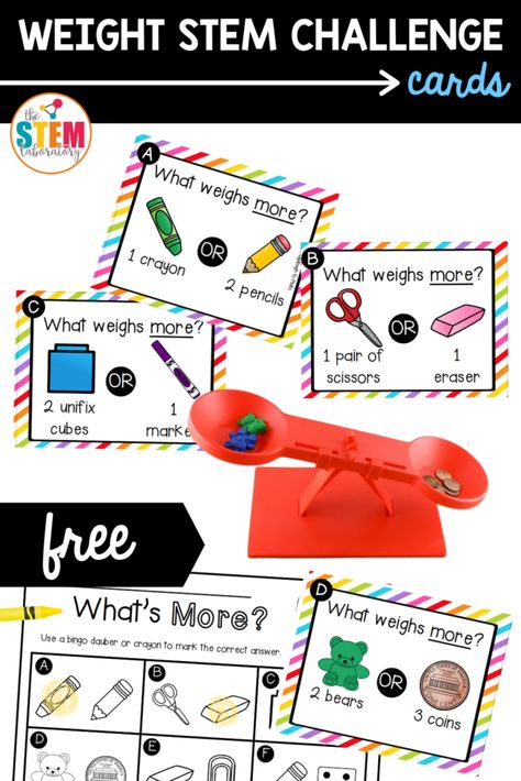 Weight STEM Challenge Cards - The Stem Laboratory Weight Maths Activities, Stem Counting Activities, The Stem Laboratory, Weight Worksheets For Kindergarten, Stem For Special Education, Science Measurement Activities, Stem Activities Kindergarten Free, Free Stem Printables, Stem Task Cards Free