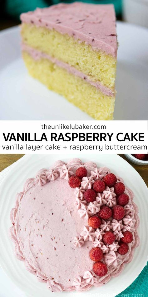 Raspberry vanilla cake — your favourite vanilla layer cake filled and frosted with raspberry buttercream. Soft, tender, delicious! And it’s very easy to make too. Check out the recipe for step-by-step photos, lots of baking tips, and FAQs for perfect vanilla raspberry cakes every time. Vanilla Cake With Raspberry Buttercream, Filling For Vanilla Layer Cake, Raspberry Buttercream Cake, Vanilla Raspberry Cake Recipe, Vanilla And Raspberry Cake, Fillings For Vanilla Cake, Raspberry Vanilla Cake, Vanilla Cake Raspberry Filling, Vanilla Cake With Raspberry Filling