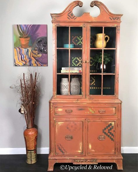 Hutch Boho, Boho Hutch, Mustard Bookshelf, Orange Bookcase, Mustard China Cabinet, Yellow China Cabinet, Vintage China Cabinets, Painted Desk, Entry Table