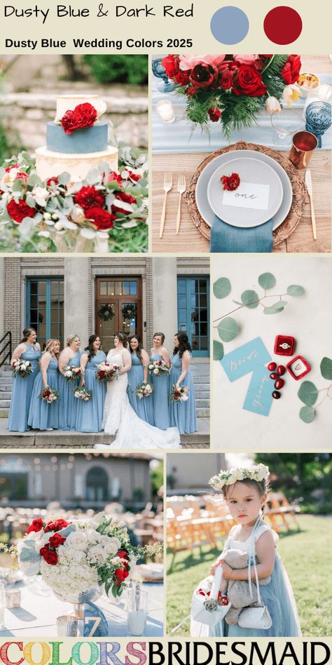 It explores the top 8 dusty blue wedding color ideas and trends for 2025, including light shades such as white, pink, peach, apricot and dark hues such as coral, yellow, orange, dark red. to give you more ideas and inspiration. Dusty Blue And Red Wedding Theme, Dusty Blue And Red Wedding, Different Blue Shades, July Wedding Colors, Red And Blue Wedding, Blue And Red Wedding, Dark Red Wedding, Periwinkle Wedding, Wedding In Spring