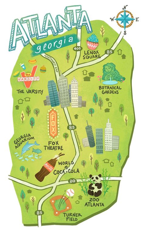 Illustrated maps of Atlanta, GA, Austin, TX, and Seattle, WA for The UPS Store's #SmallBizSalute campaign in May 2015 Atlanta Travel Guide, Atlanta Vacation, Traveling America, Atlanta Travel, America Trip, Visit Atlanta, Georgia Map, Illustrated Maps, Georgia Vacation