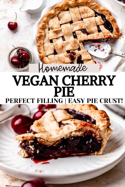 This is the ultimate homemade vegan cherry pie. Tastes just like the classic with a super juicy, perfectly set, and sweet cherry pie filling and the flakiest buttery pie crust that's all vegan, dairy free, lower in sugar, easily gluten free without sacrificing tastes. Honestly, no one will be able to turn down a slice of this vegan pie! Cherry Pie Vegan, Vegan Fruit Pie, Halloween Cherry Pie, Vegan Cherry Pie Recipe, Vegan Cherry Pie, Vegan Pies, Vegan Pies Recipes, Sweet Cherry Pie, Vegan Pie Crust