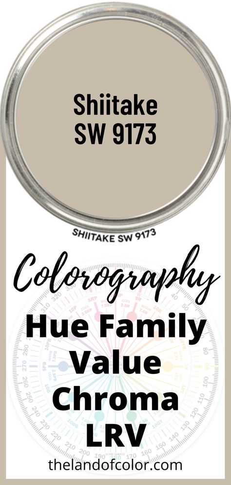 Shiitake 9173 by Sherwin-Williams - confused by the undertones theory? Get hue family, value, chroma and LRV. Objective, accurate info from a Color Strategist! #shiitake #sherwinwilliams #paintcolor #colorography #paintcolordna via @TheLandofColor Sherwin William Shitake, Shiitake Sherwin Williams Color Scheme, Sherman Williams Shiitake, Shiitake Color Palette, Sherwin Williams Shiitake Coordinating Colors, Shiitake Sherwin Williams Living Room, Shitake Sherwin Williams Paint Walls, Loggia Sherwin Williams, Shitake Sherwin Williams Paint