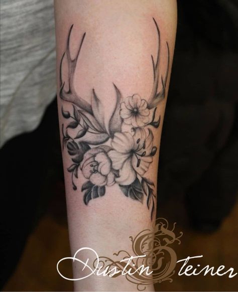 Women Hunting Tattoos, Deer Antler Flower Tattoo, Deer Horn Tattoo For Women, Hunting Memorial Tattoos, Deer Memorial Tattoo, Deer Tattoos For Women Beautiful, Antler Tattoos For Women, Hunting Tattoos For Women, Deer Antler Tattoo With Flowers