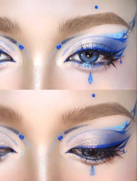 Blue Fire Makeup, Dramatic Blue Makeup, Color Eyebrows Makeup, Genshin Impact Makeup Looks, Ravenclaw Makeup Looks, Espeon Makeup, Fairy Tail Makeup, Blue Graphic Makeup, Fish Makeup Looks