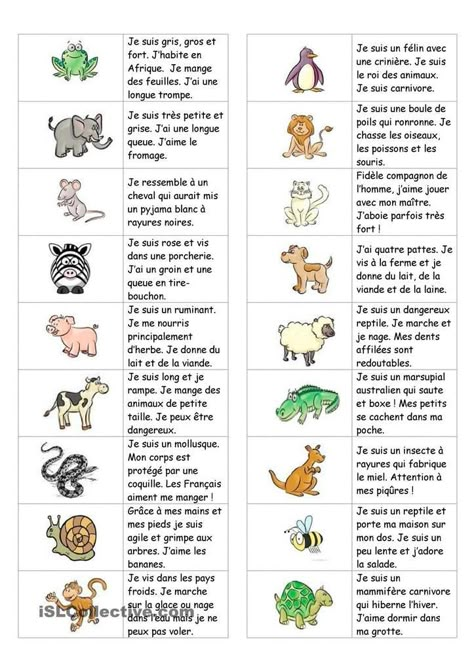 Décrire les animaux - NOTREBLOGDEFLE.COM Animal Riddles, French Kids, French Worksheets, French Teaching Resources, French Activities, Animal Worksheets, French Language Lessons, Core French, French Expressions