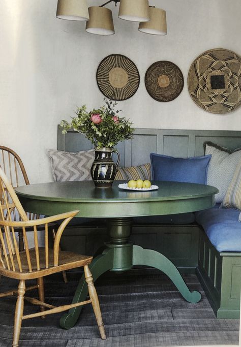 Dining area, green, round table,dining bench, painted furniture Modern Dining Table With Bench, Bench Styling, Small Round Dining Table, Table With Bench, Painted Dining Table, Kitchen Table Makeover, Round Kitchen Table, Green Table, Kitchen Nook