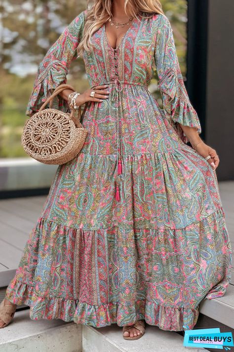 Buy Green Paisley Printed Ruffle Trim Elegant Maxi Dress at BestDealBuys. Tied Maxi Dress, Beautiful Long Dresses, Green Paisley, Elegant Maxi Dress, Maxi Dress Green, Paisley Design, Printed Maxi, Paisley Pattern, Flowing Maxi Dress