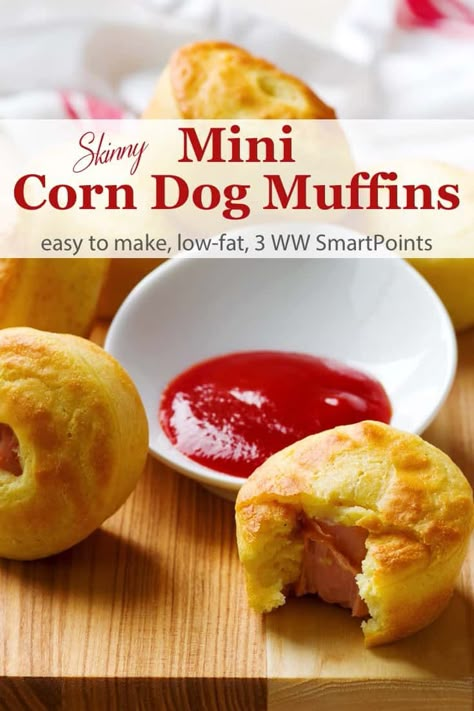 Healthy Mini Corn Dogs, Healthy Corn Dog Recipe, Dog Muffins Recipe, Mini Corn Dog Muffins, Ww Lunches, Ww Appetizers, Dog Muffins, Corn Dog Muffins, Mini Corn Dogs