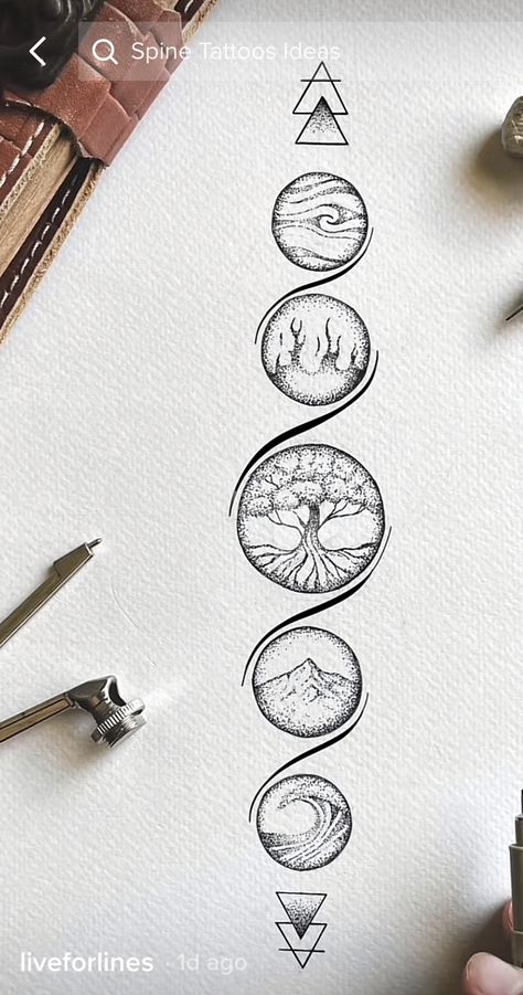 Black And White Mens Tattoos, Nature Elements Tattoo, Four Elements Tattoo Symbols, Elements Tattoo Ideas, Element Tattoo Ideas Symbols, Five Elements Tattoo, Earth Element Tattoo, Tattoos Line Work, Chakra Tattoo Ideas