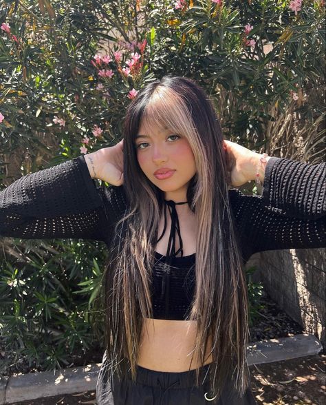 Miranda Rae Instagram, Blonde Chunks In Front Of Hair, Black Hair White Streak Bangs, Black Hair With One Blonde Streak, Face Framing Dyed Hair, Blond Strands In Dark Hair, Front Peekaboo Highlights, Two Toned Bangs, Hair Colors With Bangs