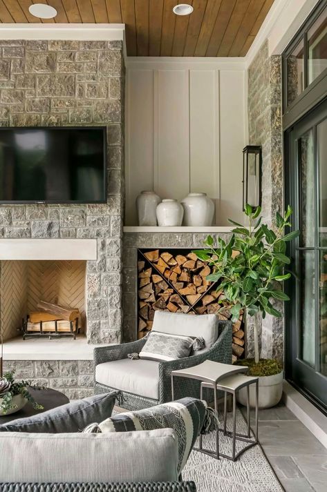 Fireplace Mantle Designs, Stone Fireplace Mantle, Tv Mount Ideas, Outdoor Tv Mount, Grey Stone Fireplace, Outdoor Fireplace Ideas, Stone Fireplace Mantel, Wicker Lounge Chair, Porch Fireplace