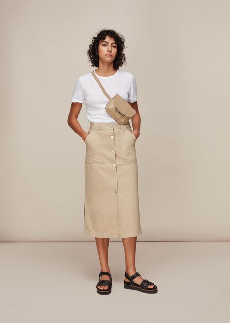 Buy Stone Utility Denim Skirt from whistles.com. Free UK Shipping & Returns. Khaki Skirt Outfits, Beige Skirt Outfit, Denim Skirt Outfit Summer, Denim Midi Skirt Outfit, Activewear Logo, Jean Skirt Outfits, Skirts Vintage, Utility Skirt, Ralph Lauren Skirts