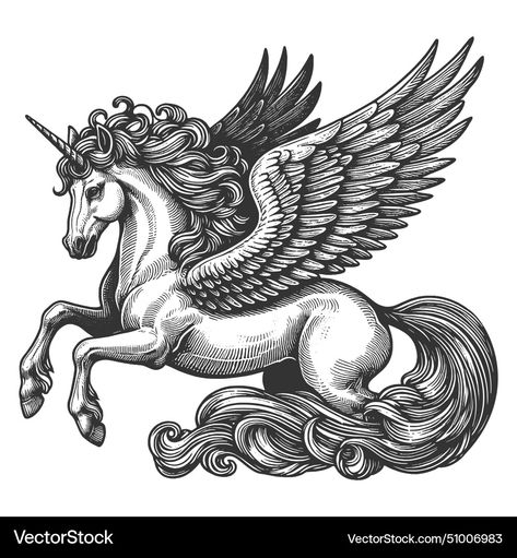 Pegasus Sketch, Pegasus Illustration, Pasta Tattoo, Pegasus Tattoo, Winged Unicorn, Unicorn Wings, Unicorn Drawing, Tattoo Reference, Wings Drawing