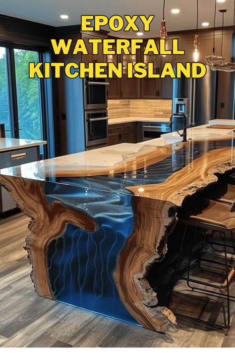 Elevate your kitchen with the allure of epoxy waterfall islands! 😍 Explore the beauty of these modern marvels and get inspired to transform your space. #EpoxyWaterfallKitchenIslands #KitchenDecor #InteriorDesign #HomeImprovement Waterfall Island Kitchen, Waterfall Kitchen, Waterfall Countertop, Waterfall Island, Contemporary Loft, Wood Table Design, Water Falls, Rustic Farmhouse Kitchen, Kitchen Island Design