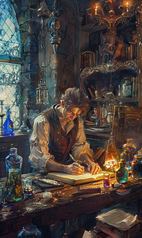 Young alchemist at work in his study room.  #illustration #harrypotter #fantasy #alchemist #imagination Infinity Alchemist, Fantasy Conductor, Fantasy Alchemist Outfit, Fantasy Room Concept Art Magic, Old Magician, Wizard Studying, Alchemist Illustration, Fantasy Scholar Art, Medieval Alchemist