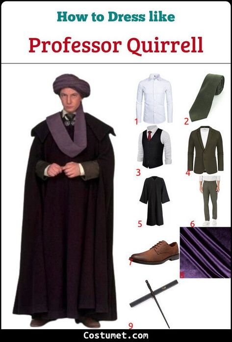 Professor Quirrell (Harry Potter and the Sorcerer's Stone) Costume for Cosplay & Halloween 2022 Harry Potter Costume Ideas Men, Harry Potter Dress Up Ideas, Professor Trelawney Costume Diy, Professor Quirrell Costume, Harry Potter Professors Costumes, Men’s Wizard Costume, Diy Wizard Robe Harry Potter, Yule Inspiration, Black Graduation Gown