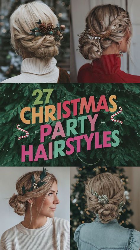 If you're looking for a medium length hairstyle that’s simple yet elegant for a Christmas party, try a half-up style with loose waves. This style works great for medium or shoulder length hair and can easily transition from the office to a night out with friends. A few decorative clips or pins will elevate this easy look, making it ideal for both work and formal events, especially when paired with fun holiday accessories. Medium Hair Party Styles, Fun Party Hairstyles, Christmas Party Updo Medium Hair, Xmas Party Hairstyles, Easy Holiday Hairstyles For Medium Hair, Medium Length Party Hairstyles, Christmas Party Updo, Holiday Updos Christmas Party Hair, Holiday Party Hairstyles Medium Length