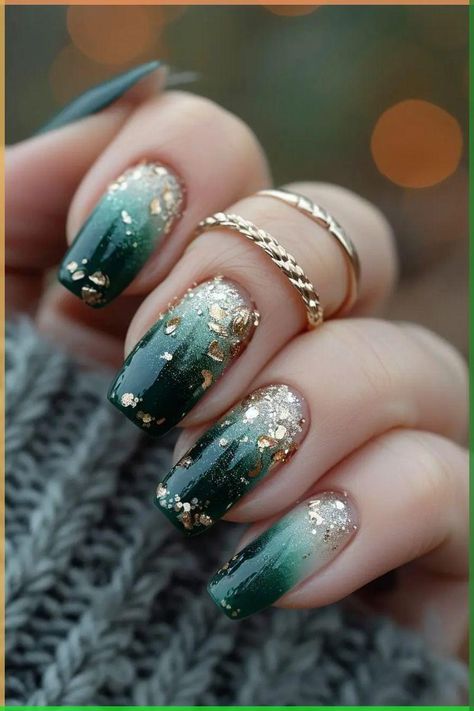 Green Gold Ombre Nails, Wedding Nails With Green, Copper Fall Nails, Green And Gold Ombre Nails, Pink And Green Ombre Nails, Gold Green Nails, Green Wedding Nails, Green Ombré Nails, Gold And Green Nails