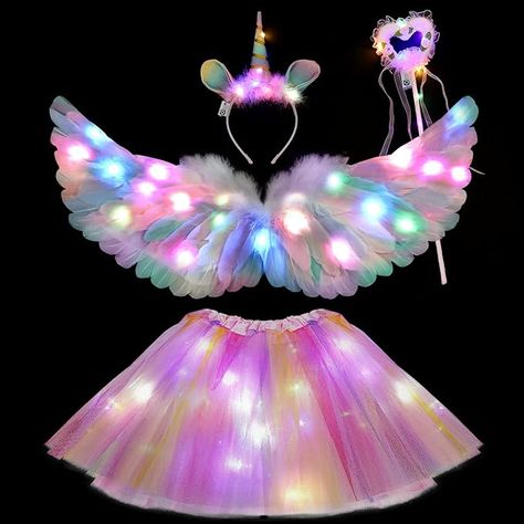 Tacobear LED Light Up Unicorn Dress Up for Girls Feather Wings Tulle Tutu Skirt Magic Wand Colorful Unicorn Headband Kids Unicorn Costume Princess Fancy Dress for Halloween Christmas Party Carnival : Amazon.co.uk: Toys & Games Unicorn Costume Kids, Led Tutu, Princess Fancy Dress, Light Up Dresses, Colorful Headbands, Rainbow Tutu, Halo Headband, Unicorn Costume, Unicorn Dress