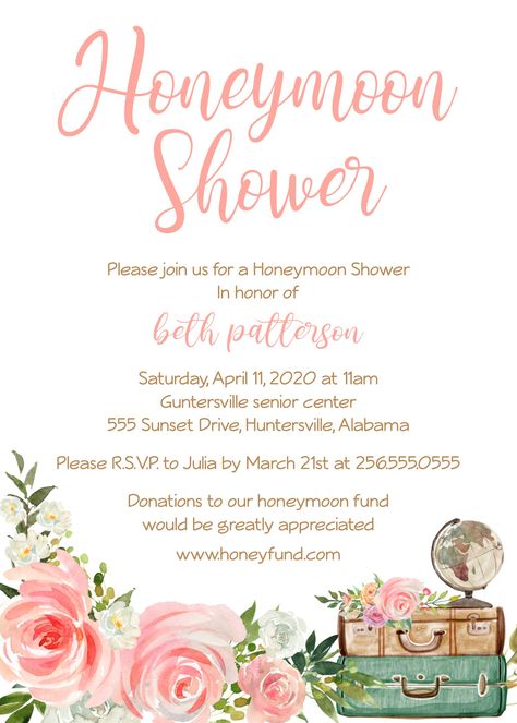 Need honeymoon money? Looking for a cute printable bridal shower invitation to help with that? Look no further! This invitation is a polite way to ask for monetary gifts from your guests to help you pay for the cost of your honeymoon. Need some money for your honeyfund? This would be perfect! Honeymoon Fund Wording On Bridal Shower Invite, Honeymoon Fund Shower Invitations, Honey Moon Fund Bridal Shower Ideas, Honeymoon Shower Invitation, Honeymoon Themed Bridal Shower Ideas, Honeymoon Bridal Shower Ideas, Honeymoon Shower Ideas, Honeymoon Fund Shower, Honeymoon Fund Invitation