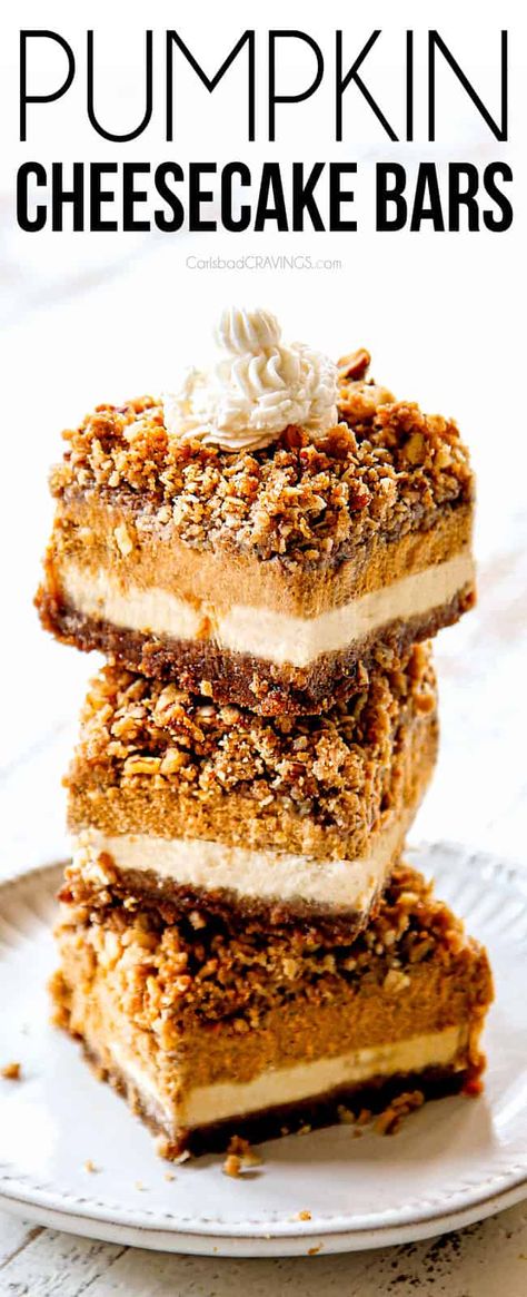 BEST Pumpkin Cheesecake Bars (tips, tricks, make ahead, how to freeze) Best Pumpkin Cheesecake, Pumpkin Cream Cheese Bars, Pumpkin Cheesecake Bars, Frozen Pumpkin, Carlsbad Cravings, Pumpkin Desserts, Make Ahead Desserts, Pumpkin Pie Filling, Best Pumpkin