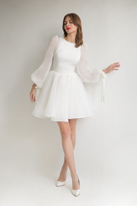 FILICI mini + ERIKA blouse / Dresses / Svadba Long Sleeve White Party Dress, Short Aline White Dress, Short Long Sleeved Wedding Dress, Short Wedding Gowns With Sleeves, Long Sleeves White Dress, Transparent Sleeves Dress, Wedding Dress Separates Two Pieces, Short Dress For Reception, White Short Dress With Sleeves