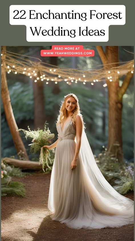 A stunning bride stands beneath a beautifully decorated wedding arbor, featuring rustic wooden arches adorned with flowers and elegant draped fabrics, creating a magical backdrop for the ceremony. Outdoor Forest Wedding Ceremony, Forest Inspired Wedding Dress, Whimsical Garden Wedding Dress, Enchanted Forest Bridesmaids Dresses, Faerie Wedding Dress, Weddings In The Woods, Nature Wedding Theme, Fairy Forest Wedding, Woodland Fairy Wedding