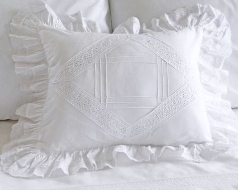 Baby Memorabilia, Pretty Bedding, Cluny Lace, Lace Pillow, Vintage Pillow Cases, Shabby Chic Interiors, Dust Ruffle, Lace Tablecloth, Bed Linens Luxury